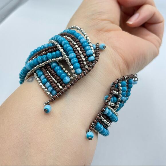 Teal & Brown Beaded Stretch Bracelet Cuff Twisted Boho - Picture 4 of 6